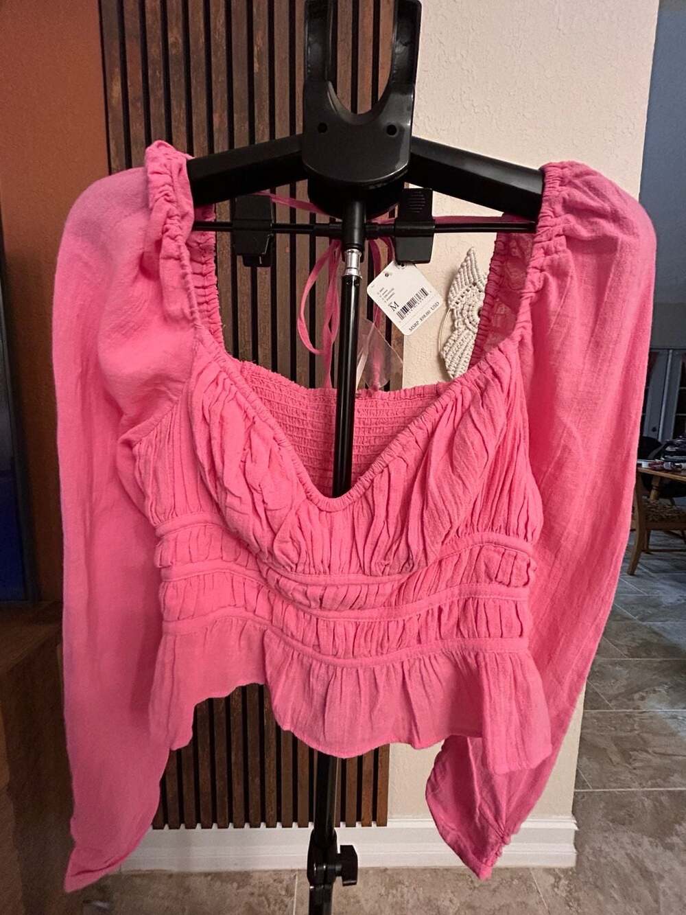 Free People Chloe Crop Top Size M Pink Long Sleeve Smocked Blouse
